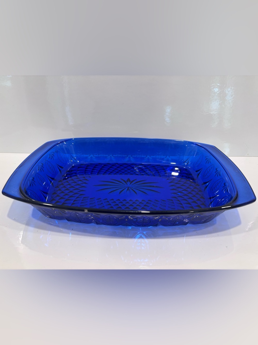 Vintage cobalt blue pressed glass baking dish casserole pan w handles France